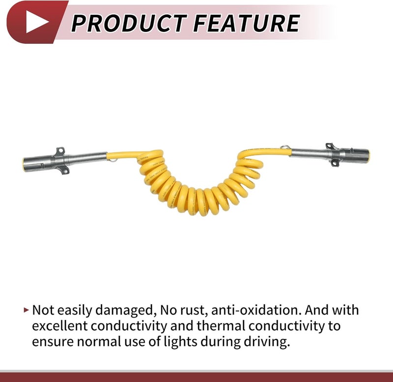 HEROFFIX 7 Way Coiled Electrical Power Trailer Cord Wire Male Plug Trailer Extension Cable for Semi Trucks Tractors 15 Feet Yellow Zinc Alloy - Image 5